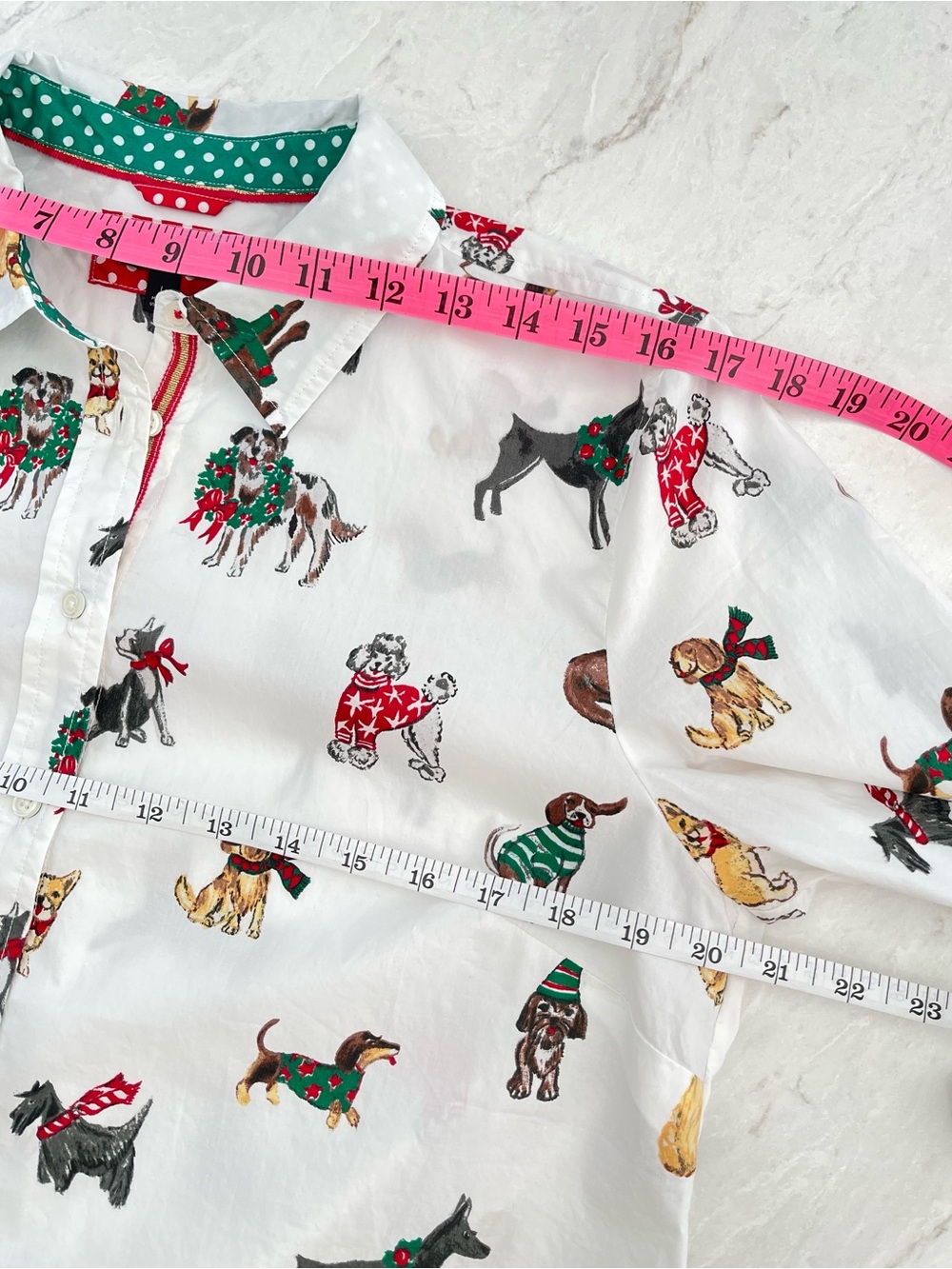 Talbots White Cotton Festive Button-Front Shirt "Dogs of Christmas" Print, Large - Picture 10 of 13